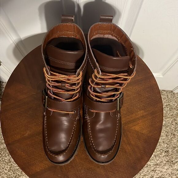 🔥🔥 Tommy Hilfiger Narcisco Brown Leather Boots Sz 8.5 Work Buckle Strap - GUC - Picture 4 of 10